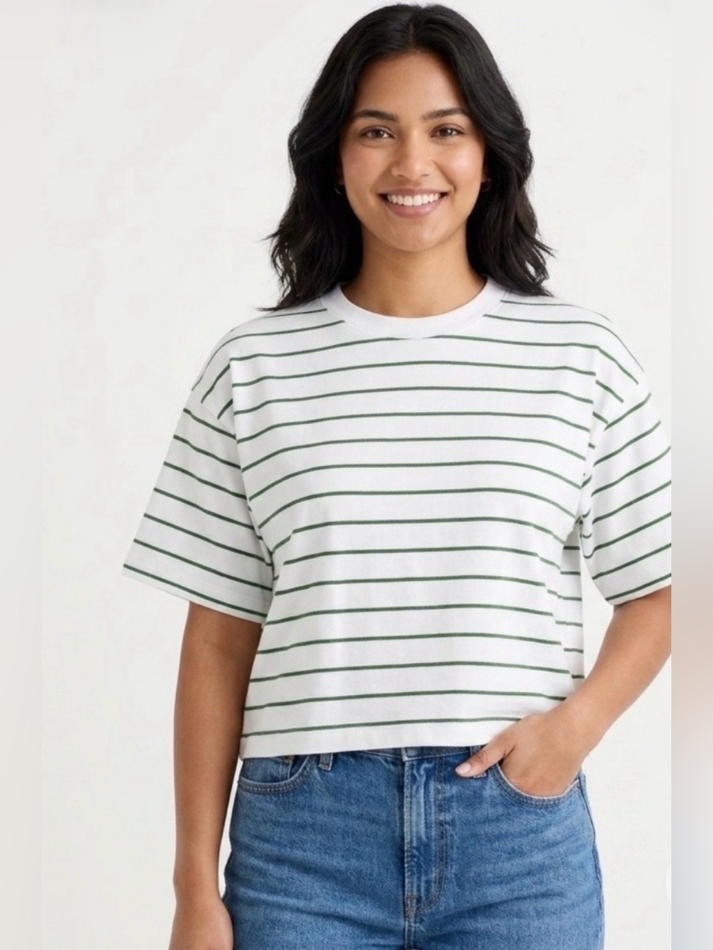 Madewell The Boxy Crop Tee in Allday Jersey - White Tee with Green Stripe